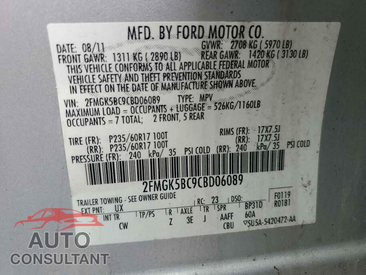 FORD FLEX 2012 - 2FMGK5BC9CBD06089