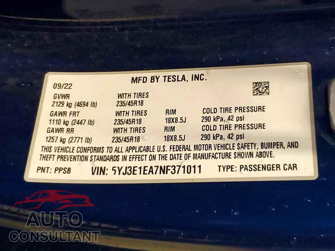TESLA MODEL 3 2022 - 5YJ3E1EA7NF371011