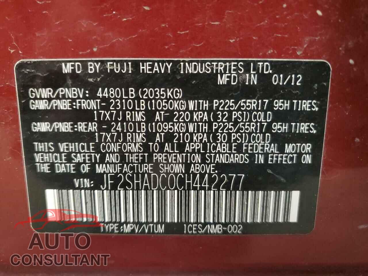 SUBARU FORESTER 2012 - JF2SHADC0CH442277