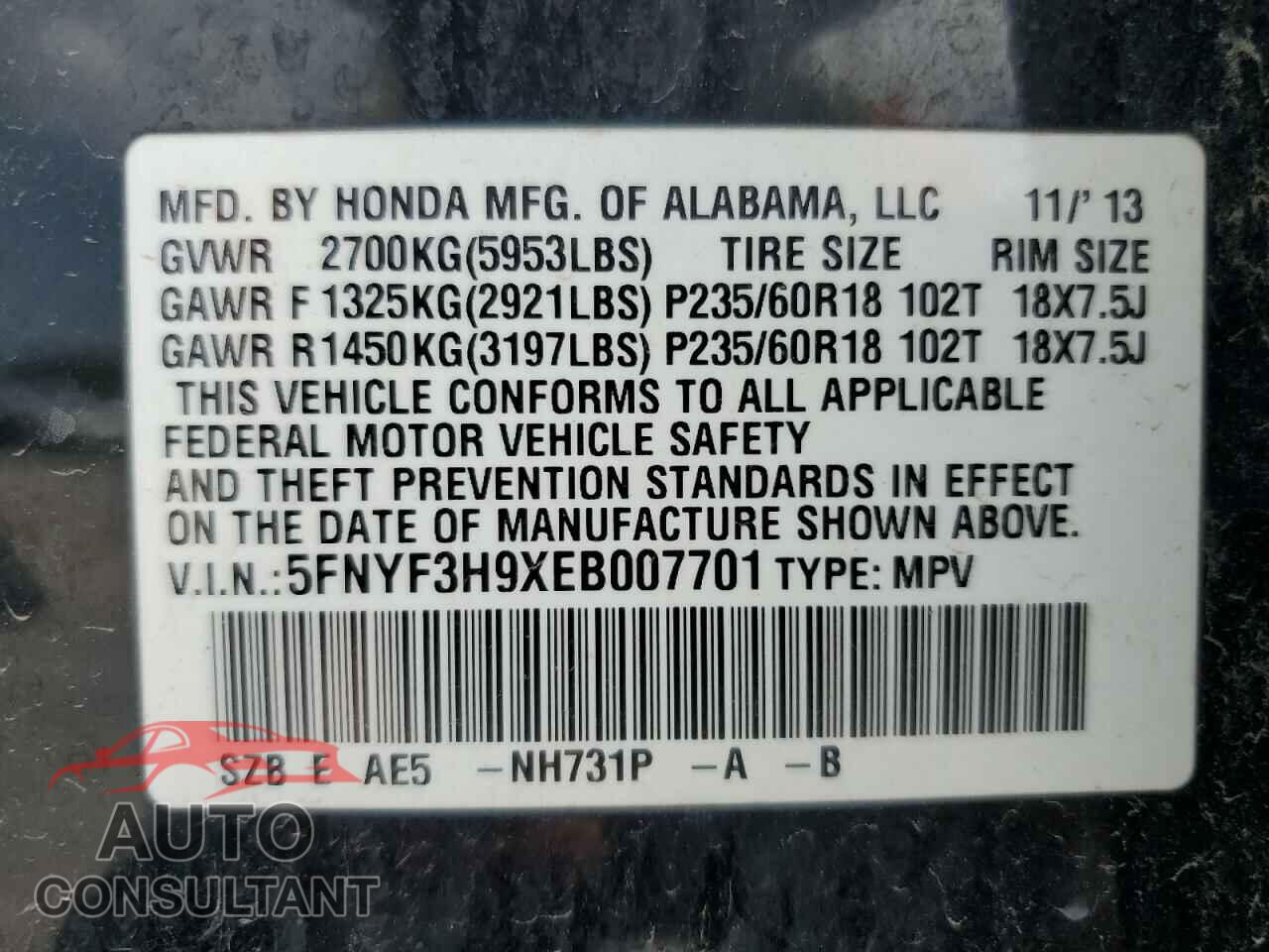 HONDA PILOT 2014 - 5FNYF3H9XEB007701