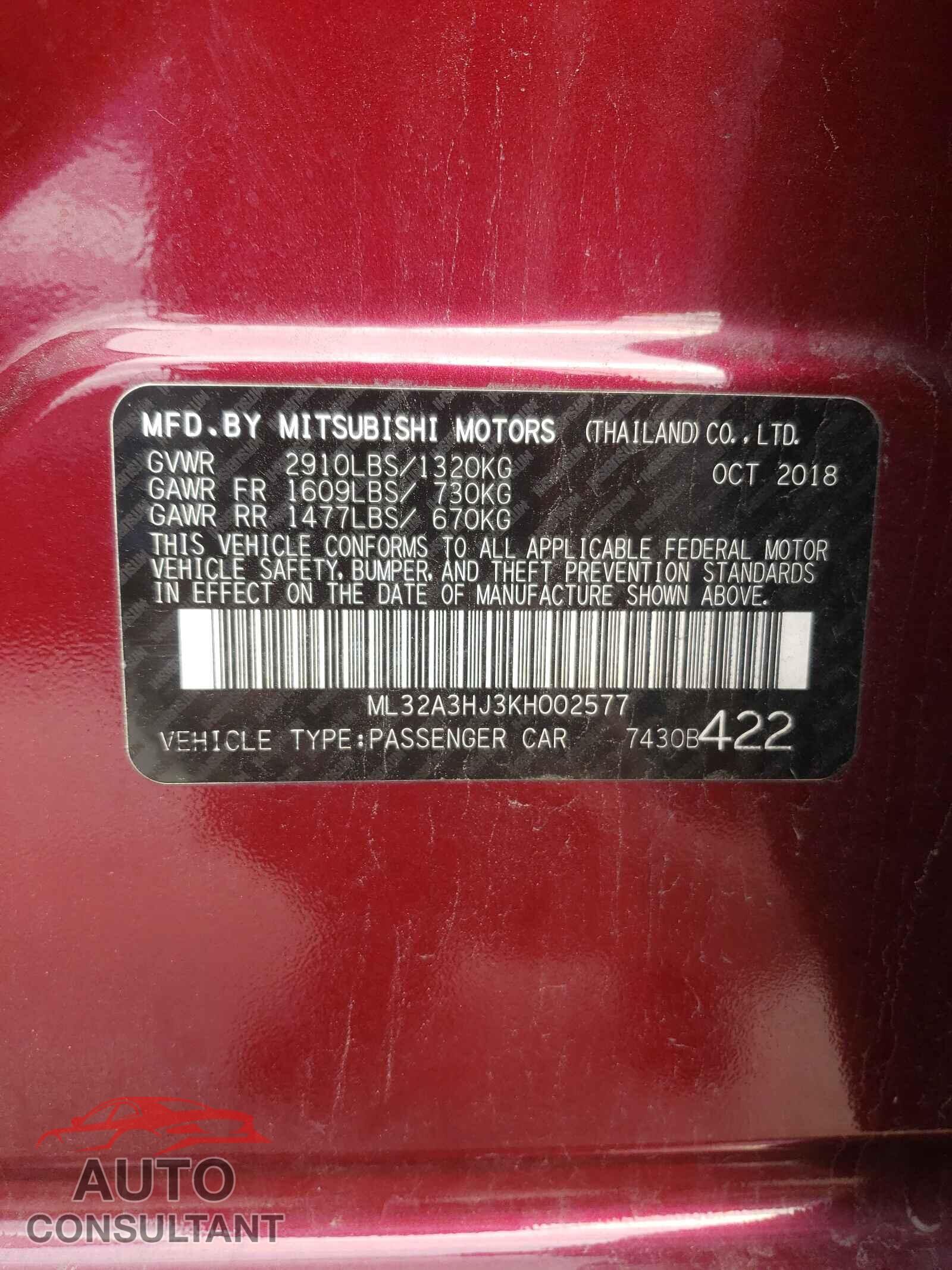 MITSUBISHI MIRAGE 2019 - ML32A3HJ3KH002577