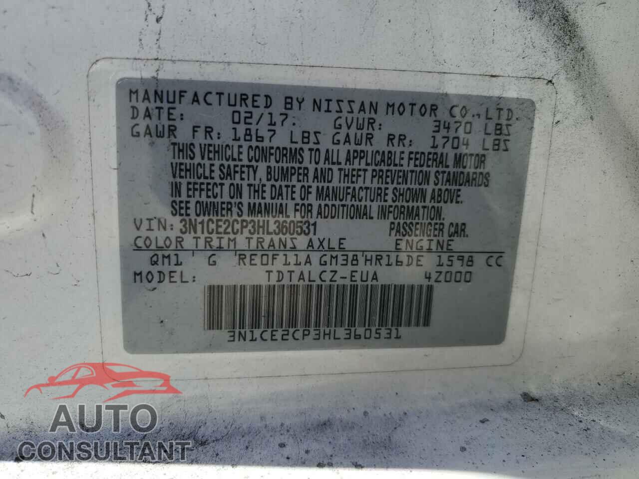 NISSAN VERSA 2017 - 3N1CE2CP3HL360531