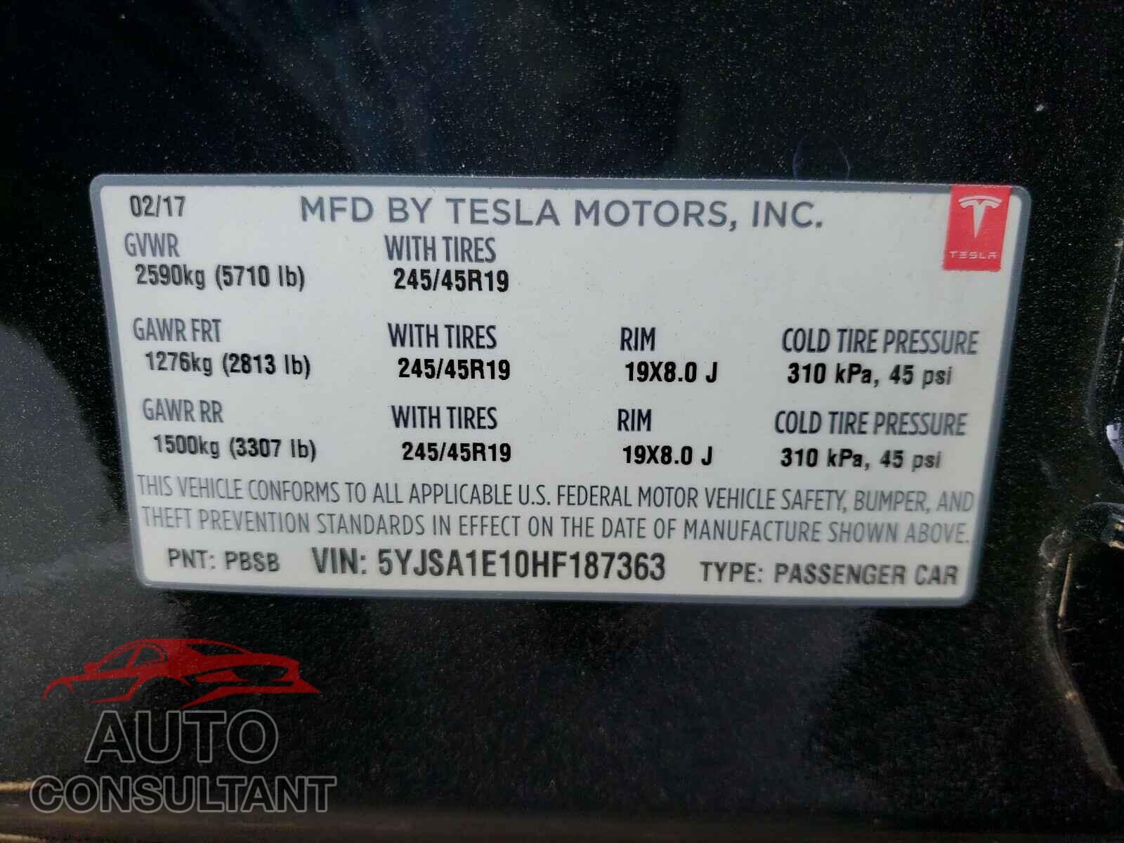 TESLA MODEL S 2017 - 5YJSA1E10HF187363