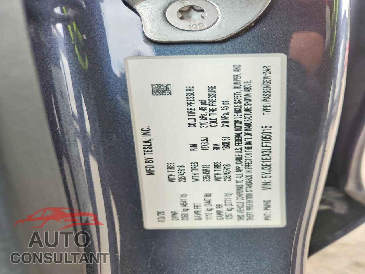 TESLA MODEL 3 2020 - 5YJ3E1EA3LF705015