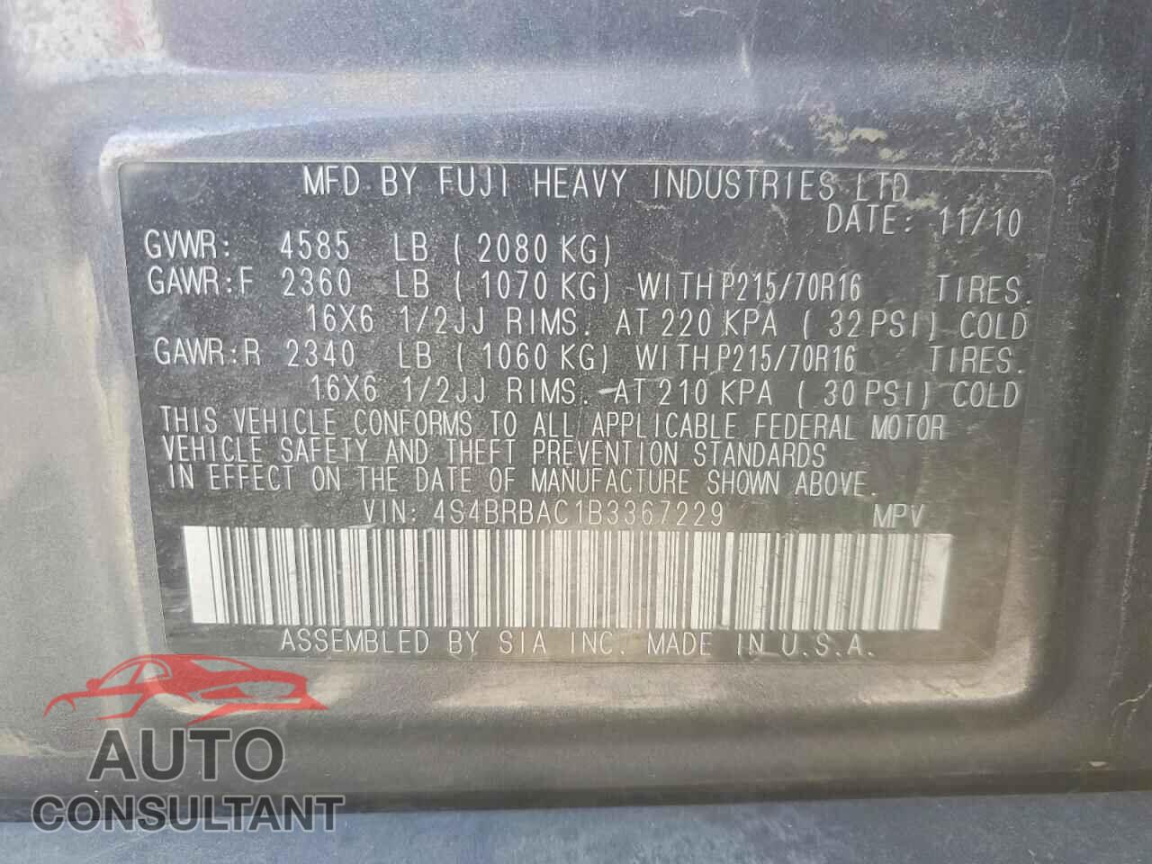 SUBARU OUTBACK 2011 - 4S4BRBAC1B3367229