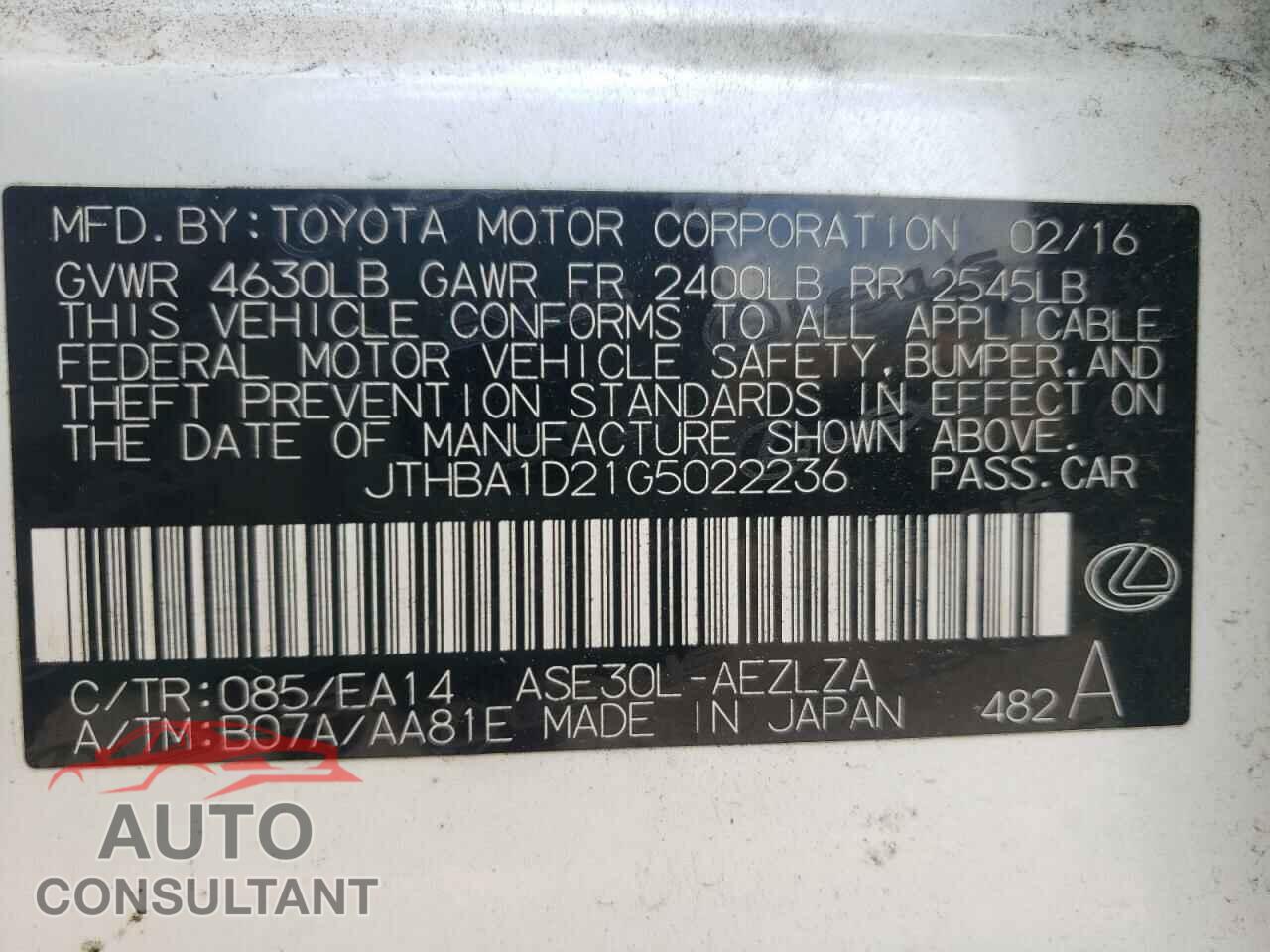 LEXUS IS 2016 - JTHBA1D21G5022236