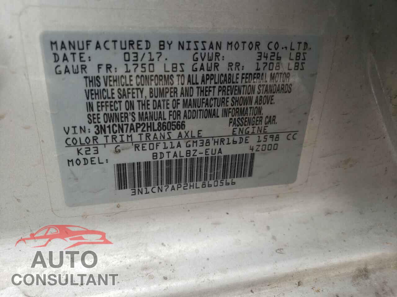 NISSAN VERSA 2017 - 3N1CN7AP2HL860566