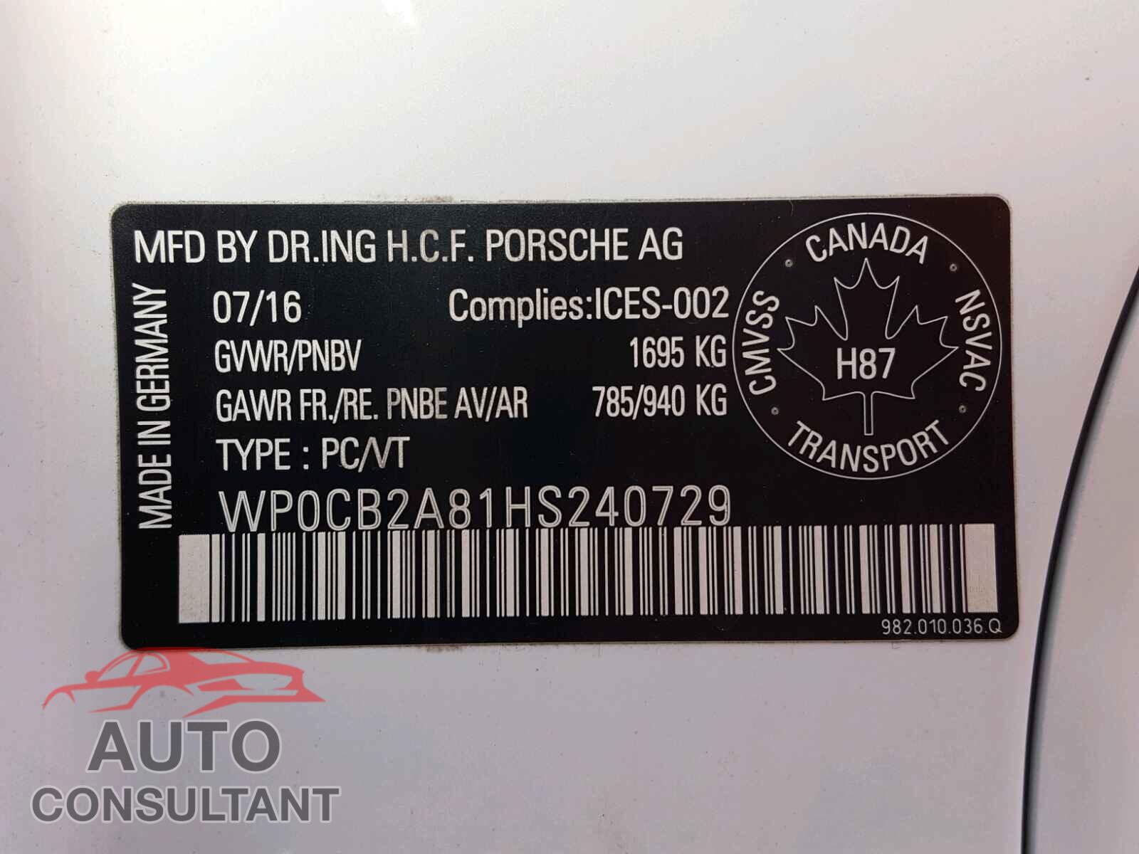 PORSCHE BOXSTER 2017 - WP0CB2A81HS240729