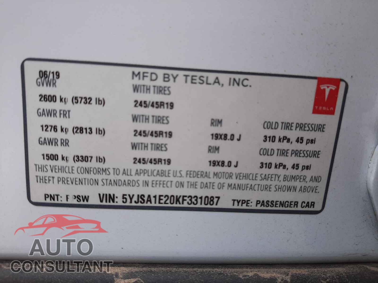 TESLA MODEL S 2019 - 5YJSA1E20KF331087