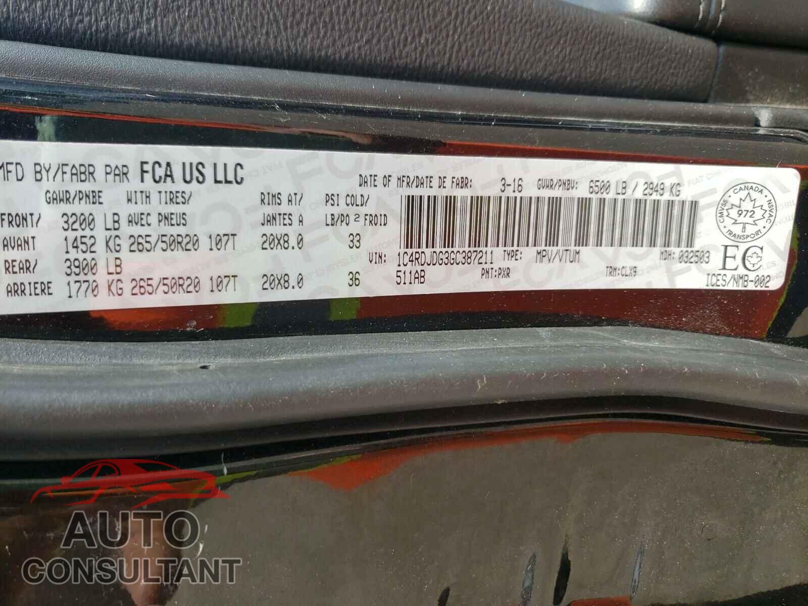 DODGE DURANGO 2016 - 1C4RDJDG3GC387211