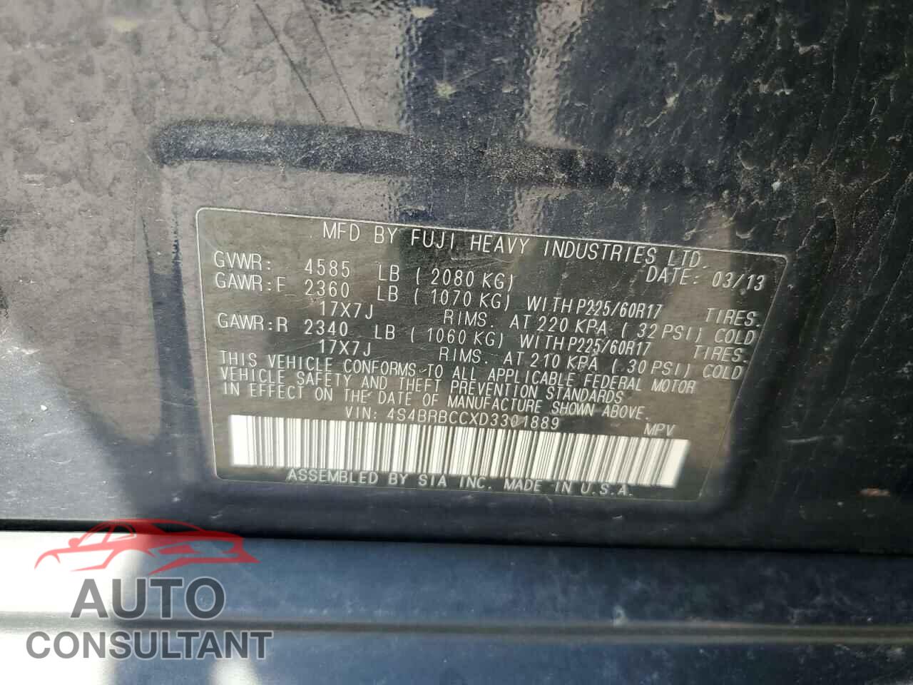 SUBARU OUTBACK 2013 - 4S4BRBCCXD3301889