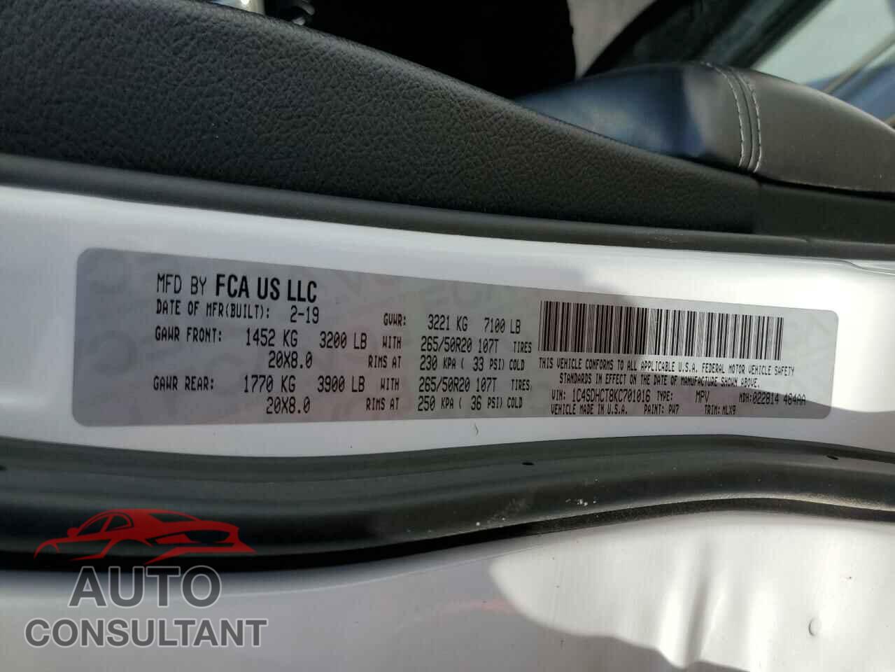 DODGE DURANGO 2019 - 1C4SDHCT8KC701016