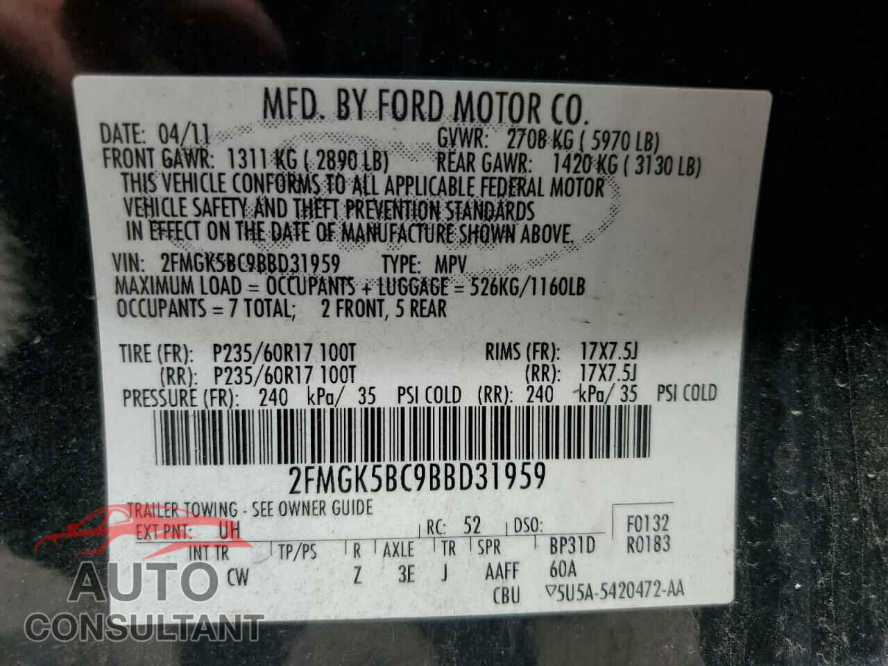 FORD FLEX 2011 - 2FMGK5BC9BBD31959