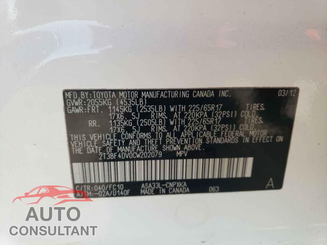 TOYOTA RAV4 2012 - 2T3BF4DV0CW202079