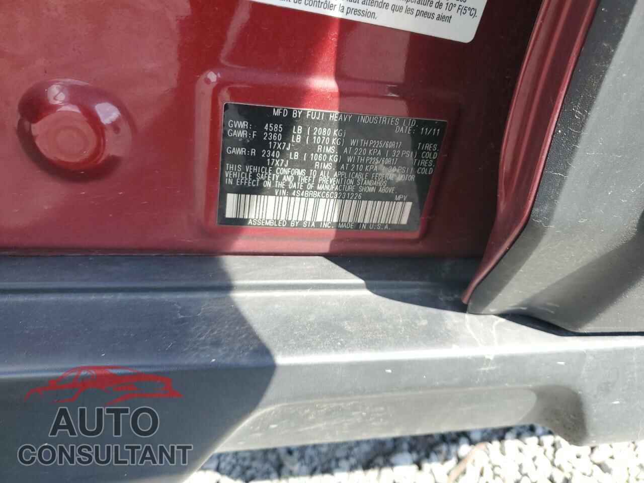 SUBARU OUTBACK 2012 - 4S4BRBKC6C3231226