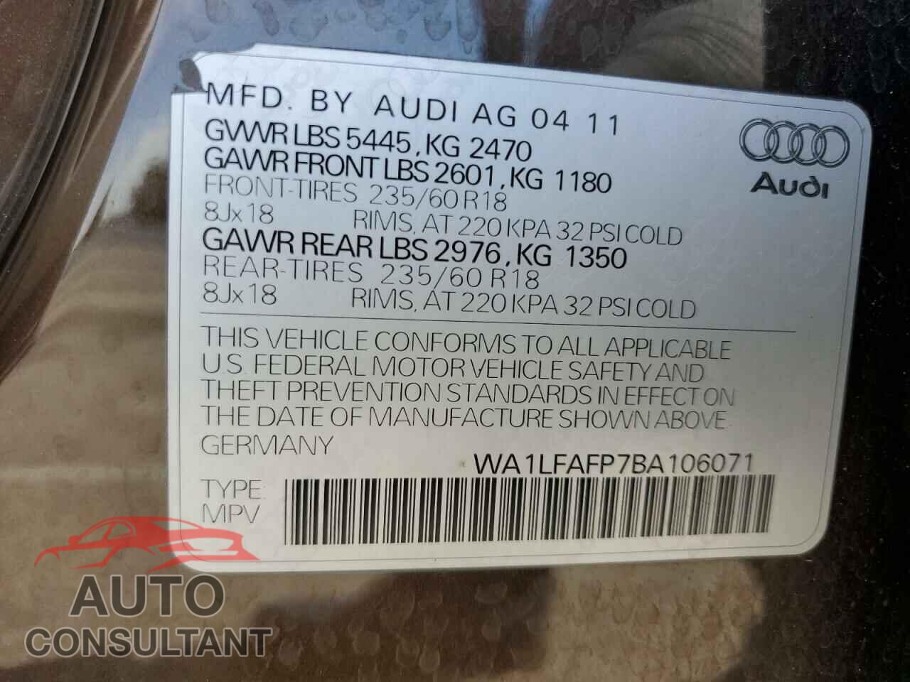 AUDI Q5 2011 - WA1LFAFP7BA106071