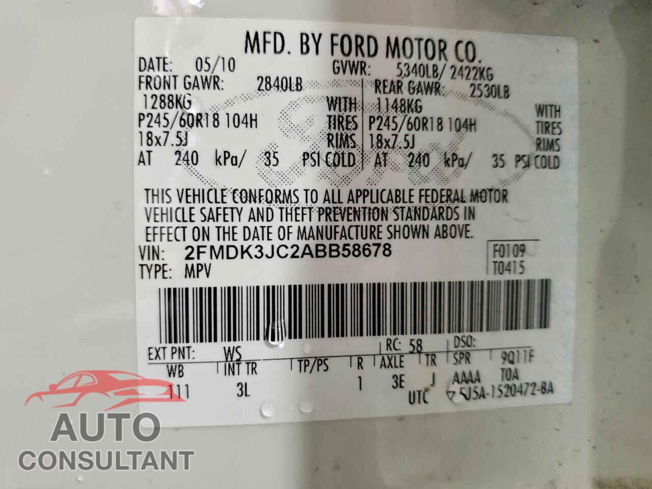 FORD EDGE 2010 - 2FMDK3JC2ABB58678