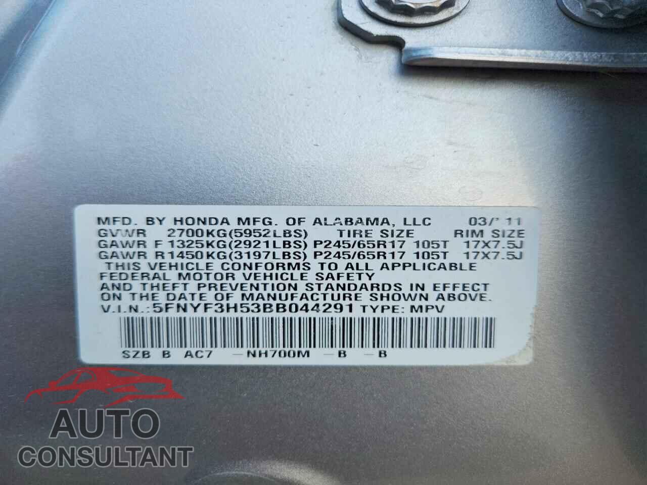 HONDA PILOT 2011 - 5FNYF3H53BB044291