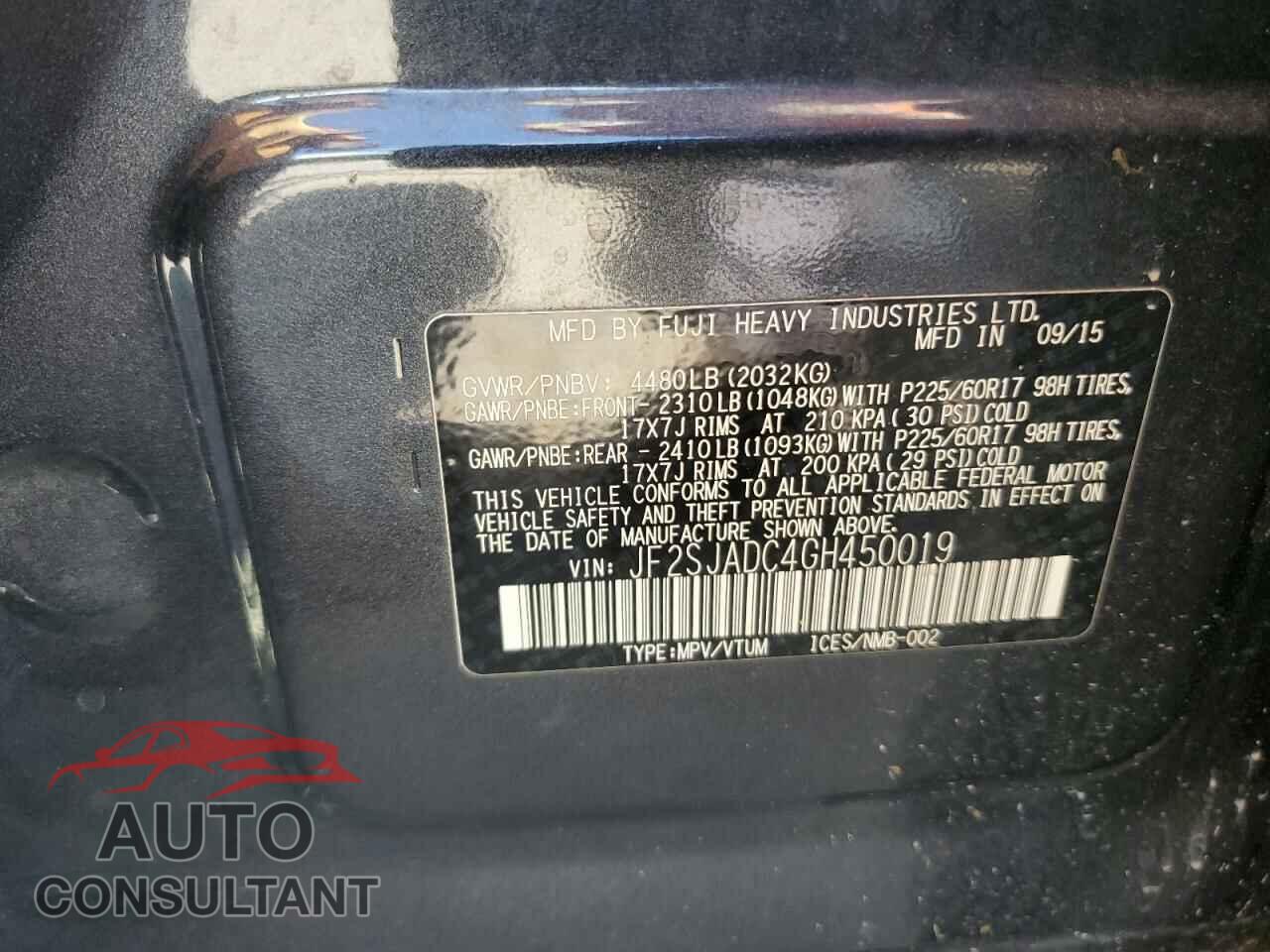 SUBARU FORESTER 2016 - JF2SJADC4GH450019