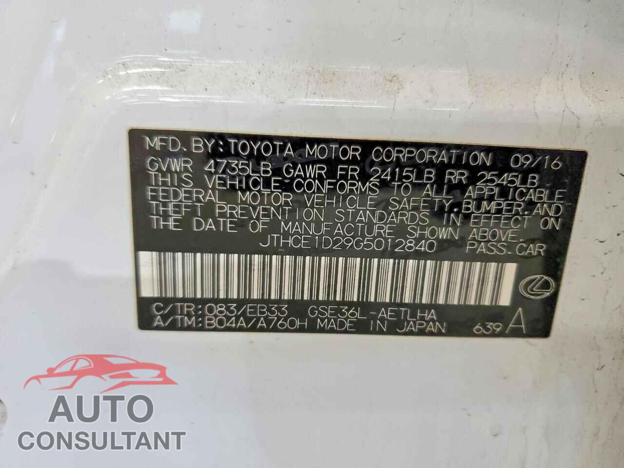 LEXUS IS 2016 - JTHCE1D29G5012840