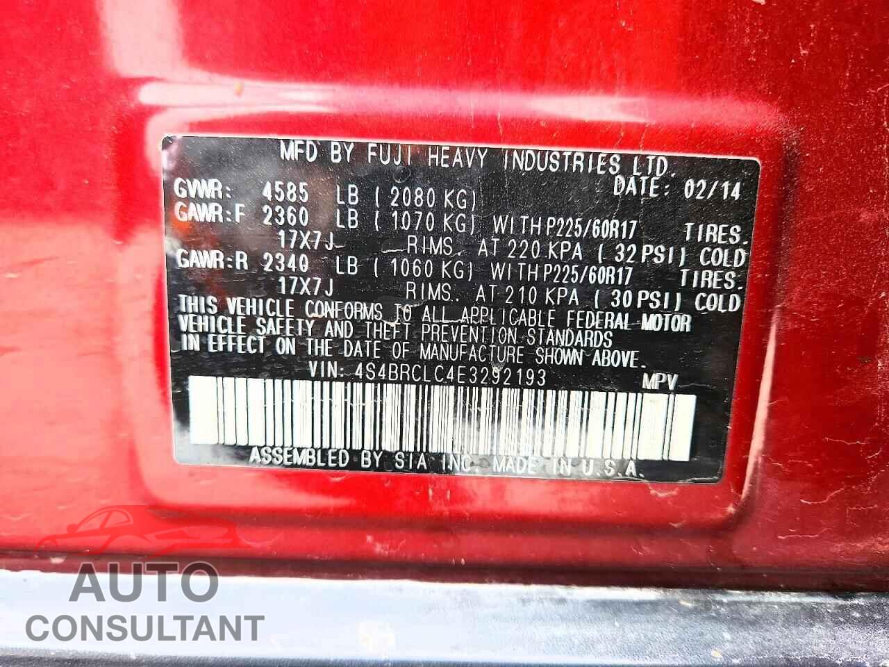 SUBARU OUTBACK 2014 - 4S4BRCLC4E3292193