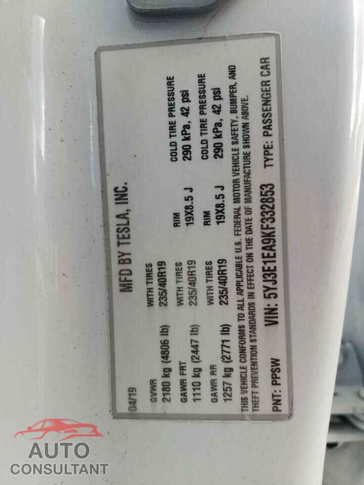 TESLA MODEL 3 2019 - 5YJ3E1EA9KF332853