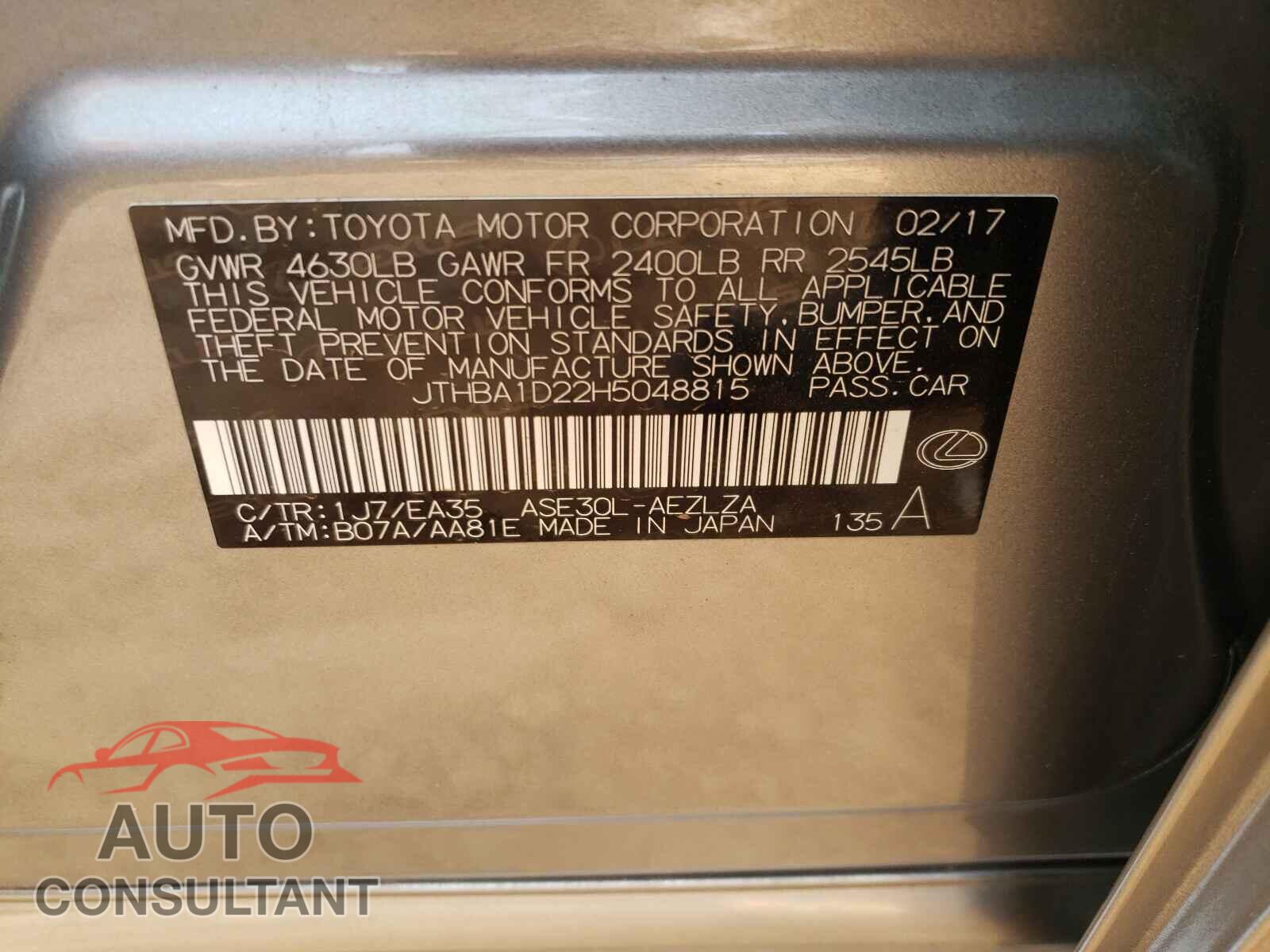 LEXUS IS 2017 - JTHBA1D22H5048815
