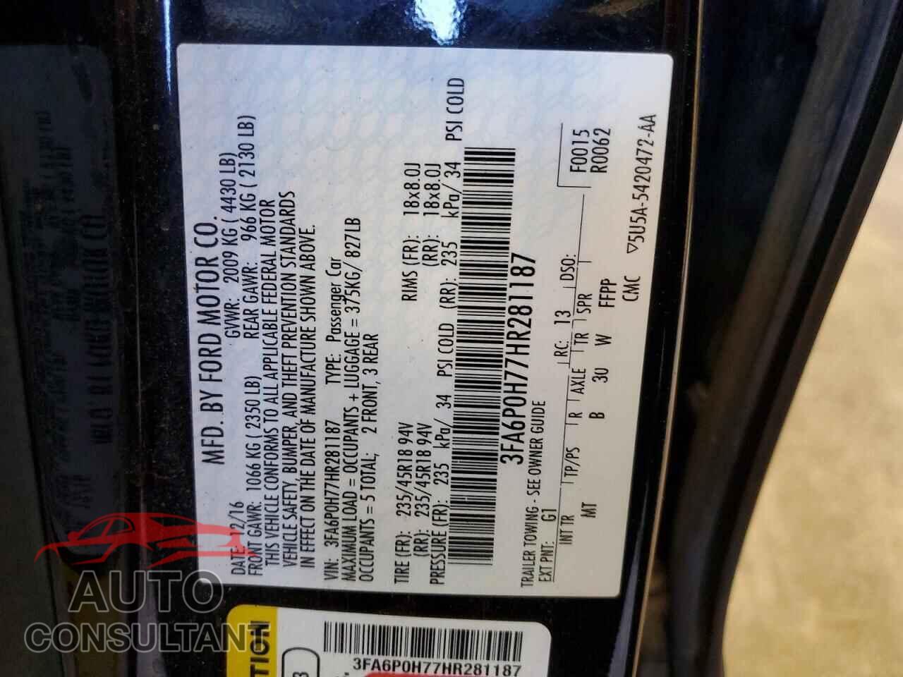 FORD FUSION 2017 - 3FA6P0H77HR281187
