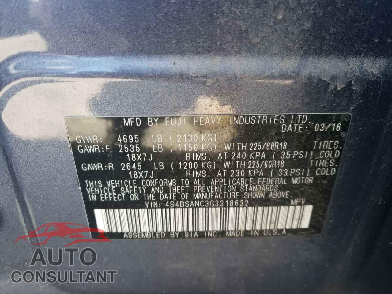 SUBARU OUTBACK 2016 - 4S4BSANC3G3318632