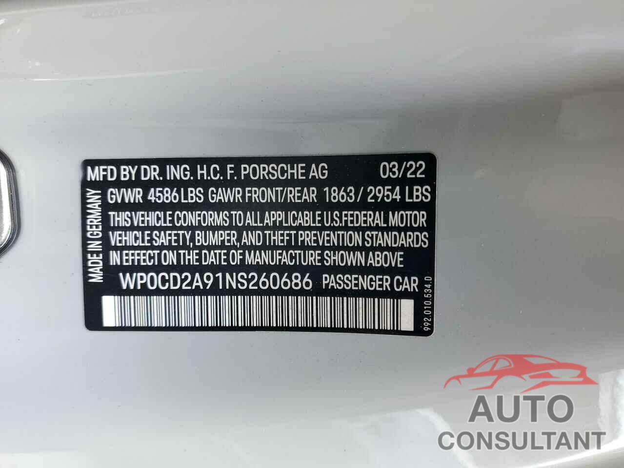 PORSCHE 911 2022 - WP0CD2A91NS260686