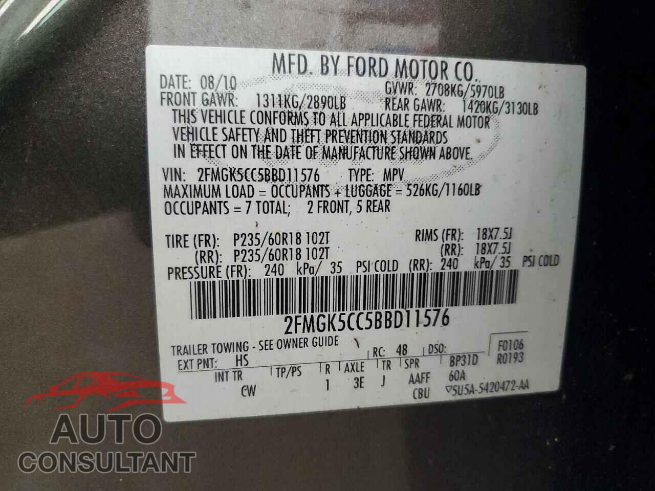 FORD FLEX 2011 - 2FMGK5CC5BBD11576