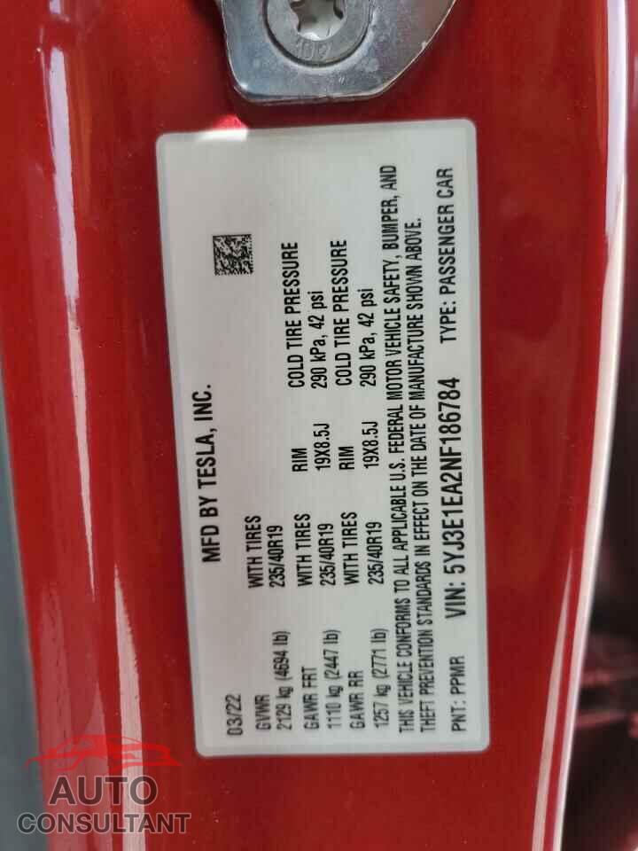 TESLA MODEL 3 2022 - 5YJ3E1EA2NF186784