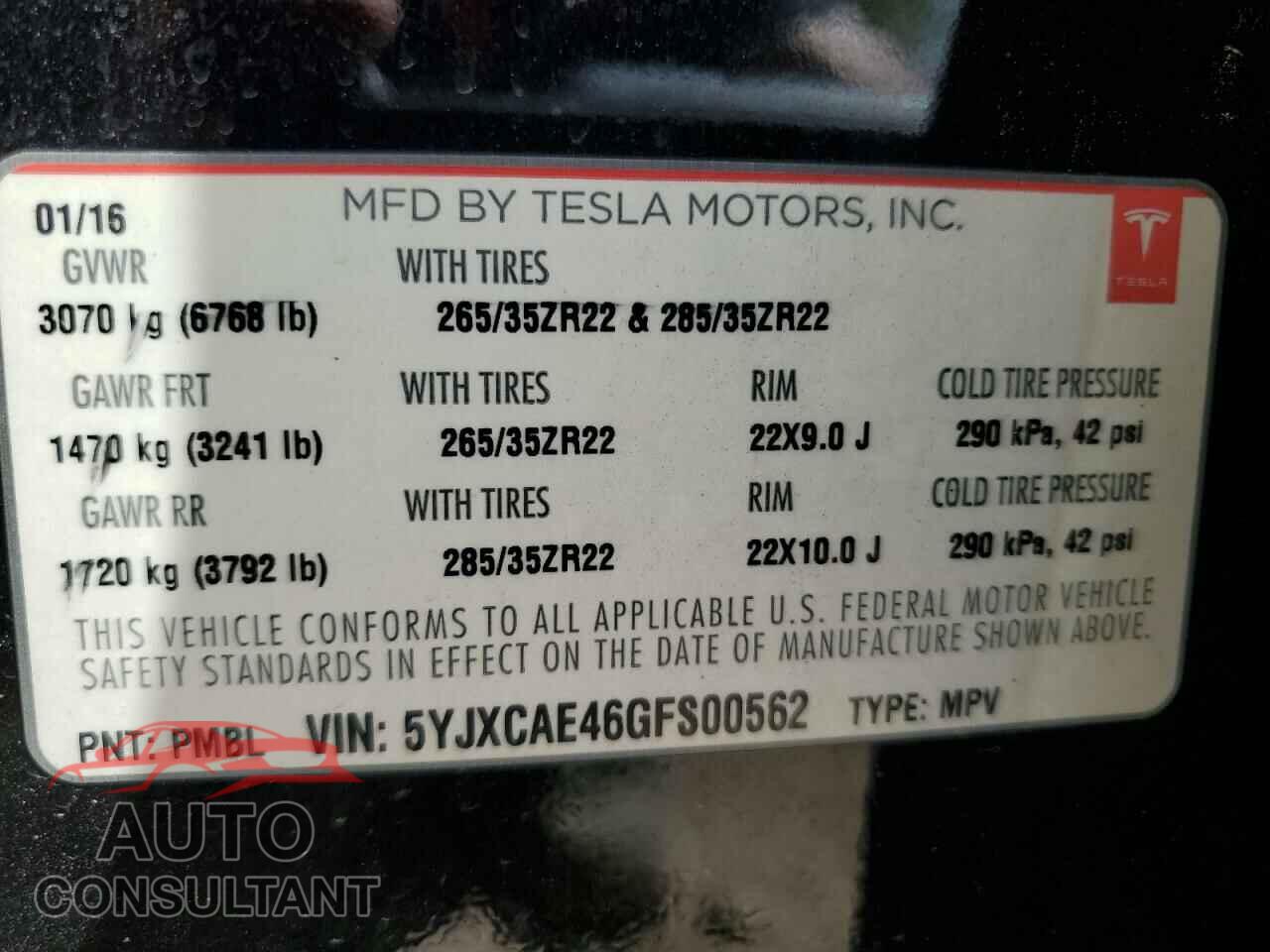 TESLA MODEL X 2016 - 5YJXCAE46GFS00562