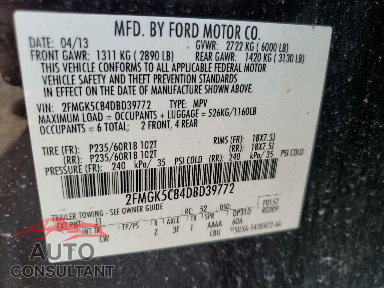 FORD FLEX 2013 - 2FMGK5C84DBD39772