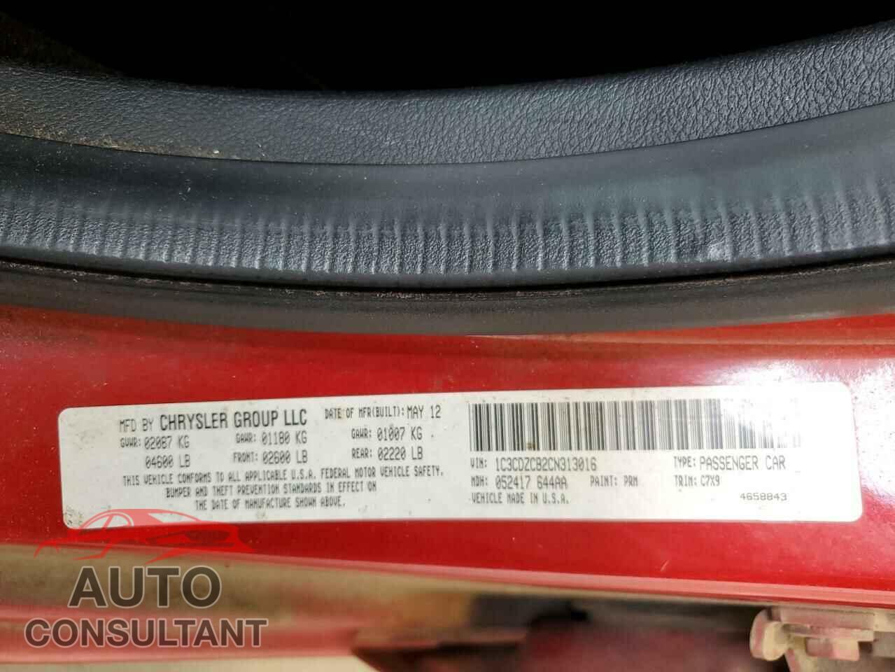 DODGE AVENGER 2012 - 1C3CDZCB2CN313016