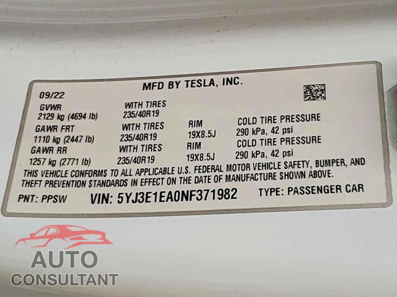 TESLA MODEL 3 2022 - 5YJ3E1EA0NF371982