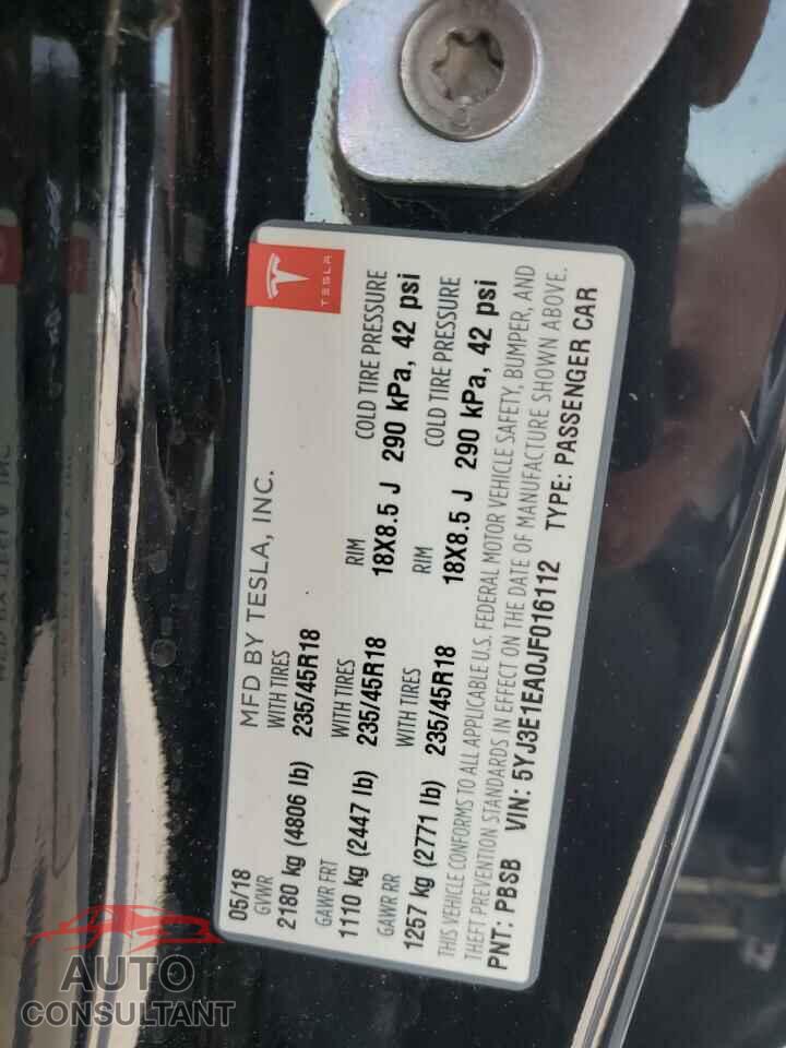 TESLA MODEL 3 2018 - 5YJ3E1EA0JF016112