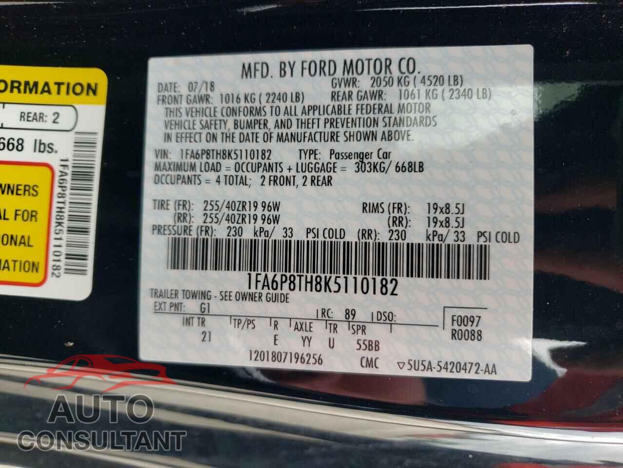 FORD MUSTANG 2019 - 1FA6P8TH8K5110182