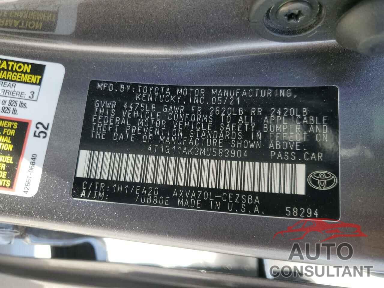 TOYOTA CAMRY 2021 - 4T1G11AK3MU583904