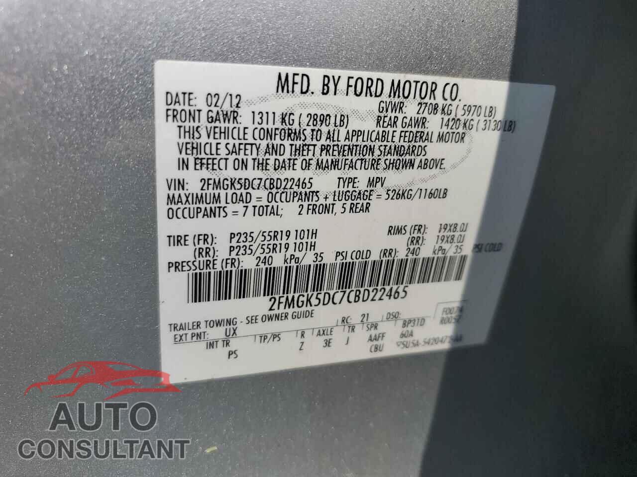 FORD FLEX 2012 - 2FMGK5DC7CBD22465
