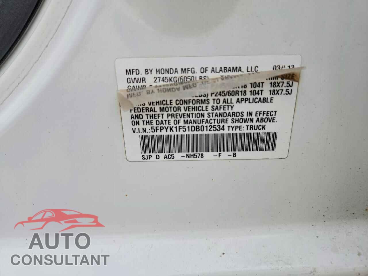 HONDA RIDGELINE 2013 - 5FPYK1F51DB012534
