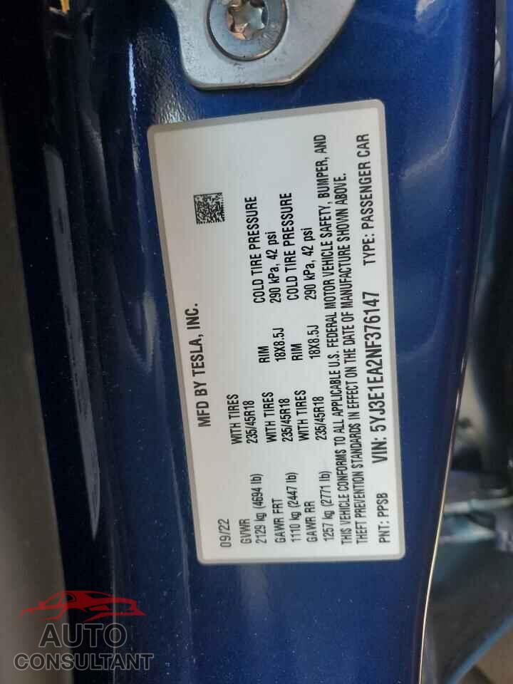 TESLA MODEL 3 2022 - 5YJ3E1EA2NF376147