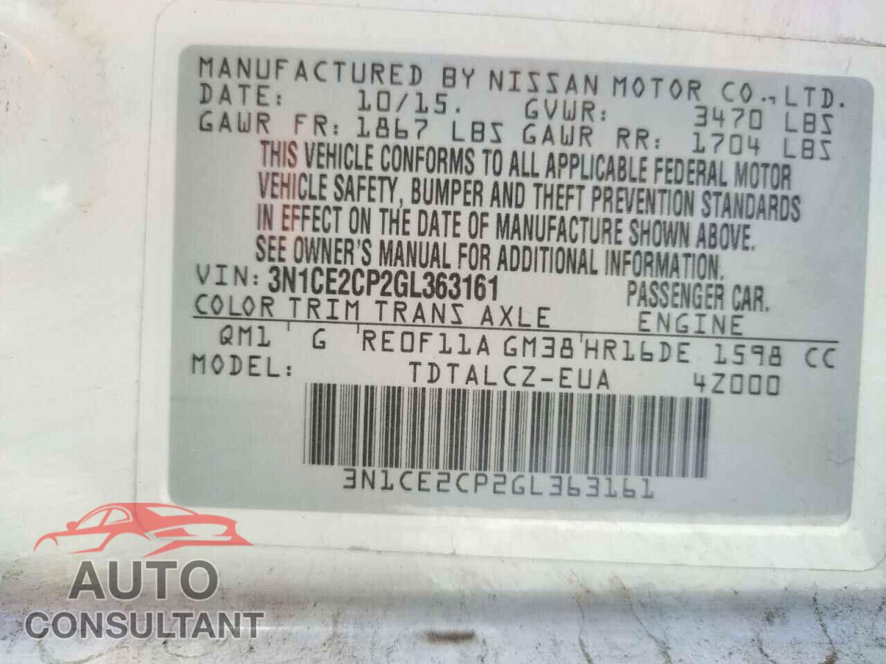 NISSAN VERSA 2016 - 3N1CE2CP2GL363161