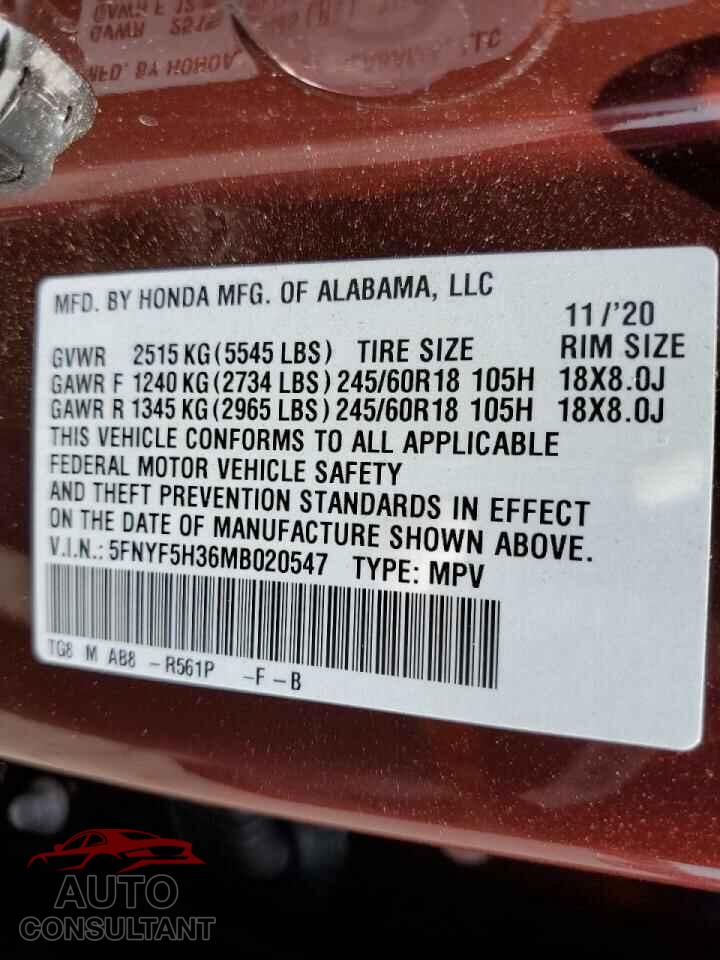 HONDA PILOT 2021 - 5FNYF5H36MB020547