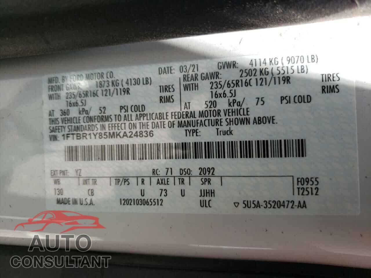 FORD TRANSIT CO 2021 - 1FTBR1Y85MKA24836