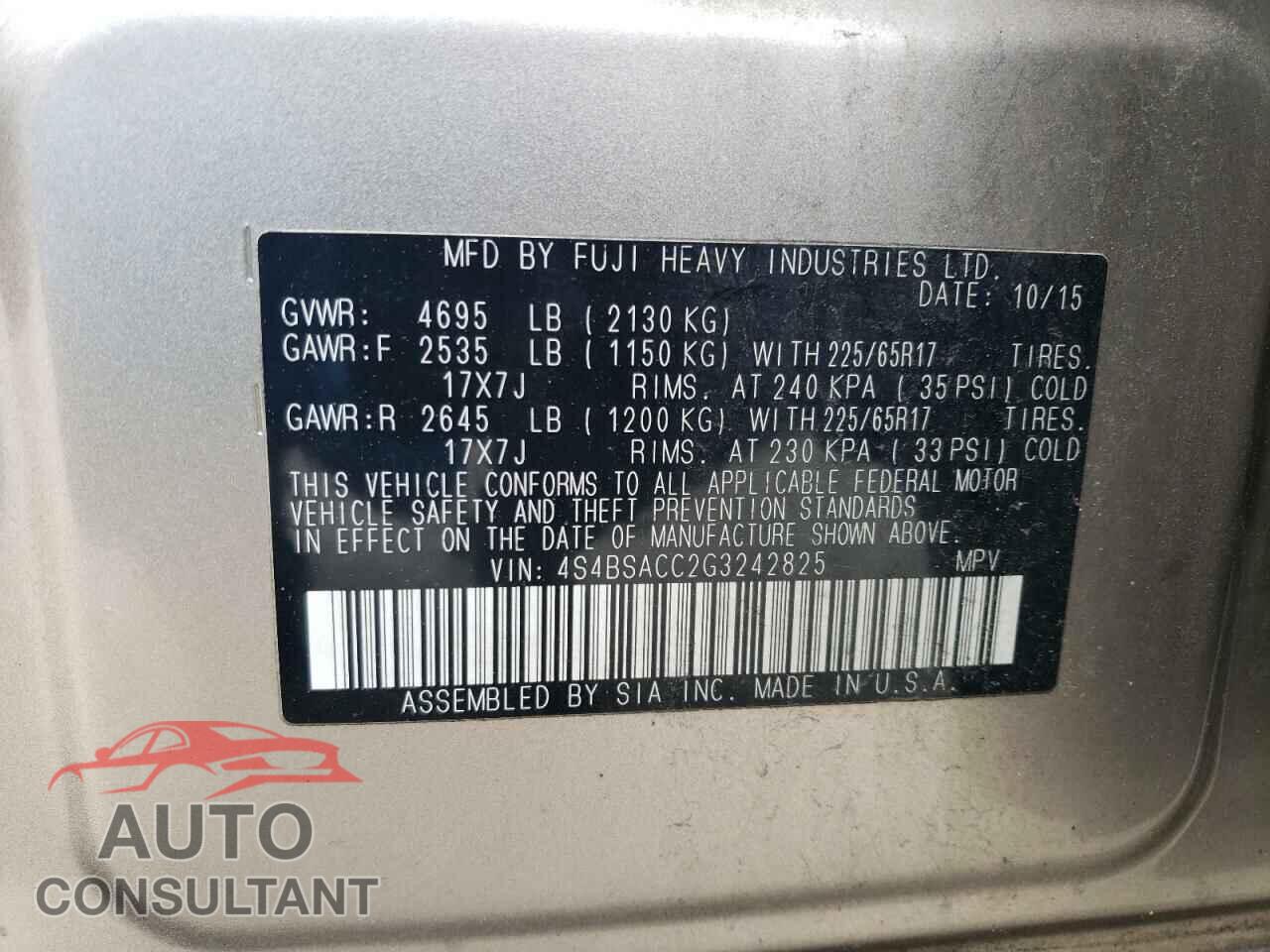SUBARU OUTBACK 2016 - 4S4BSACC2G3242825