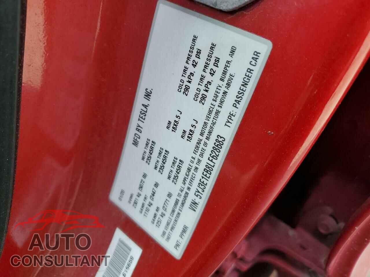 TESLA MODEL 3 2020 - 5YJ3E1EB8LF628683