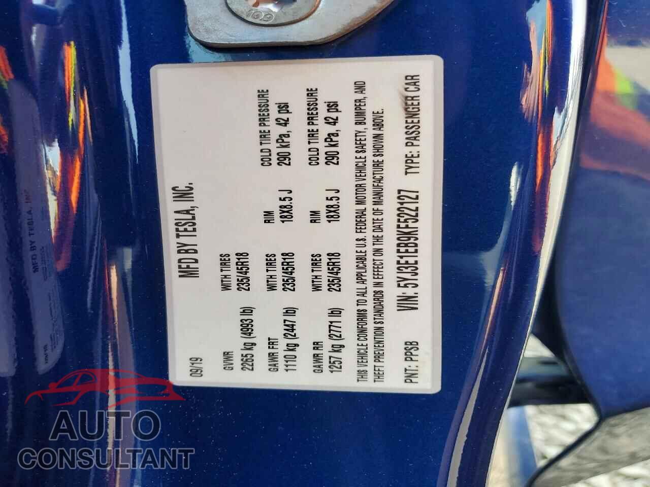 TESLA MODEL 3 2019 - 5YJ3E1EB9KF522127