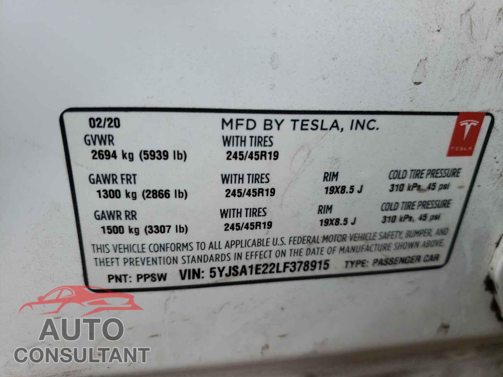 TESLA MODEL S 2020 - 5YJSA1E22LF378915