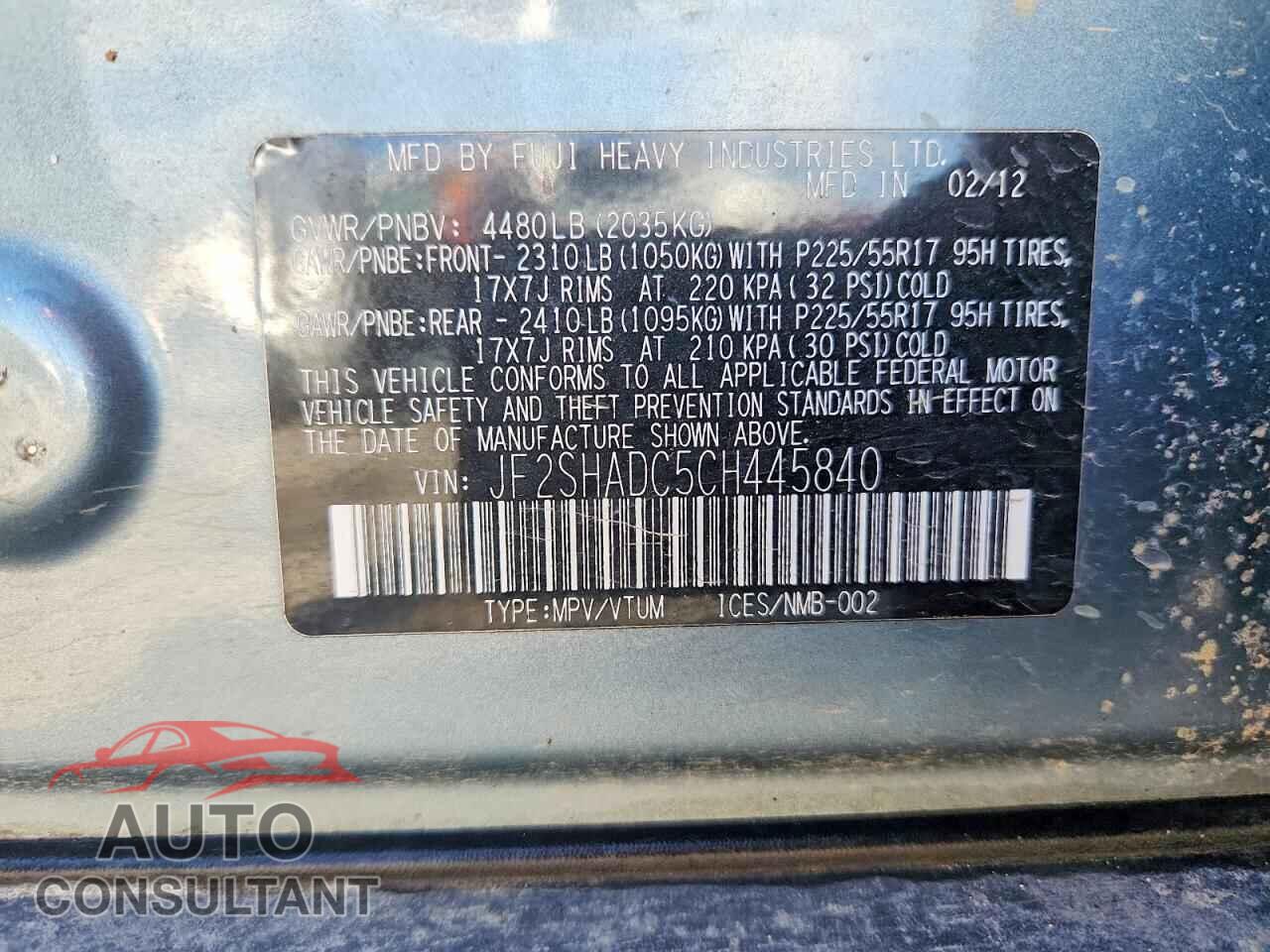 SUBARU FORESTER 2012 - JF2SHADC5CH445840